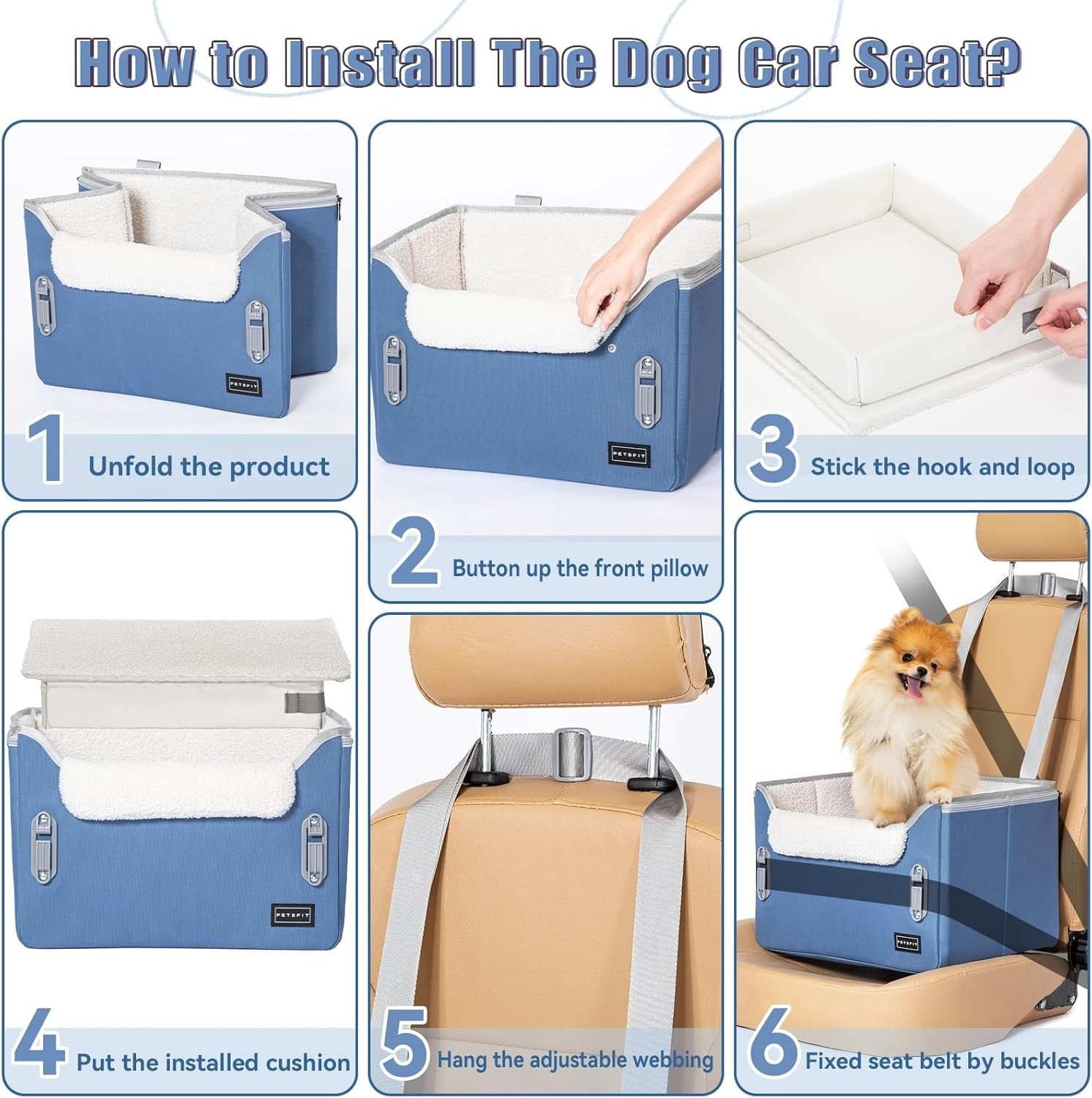 Dog Booster Car Seat Adjustable Height Travel Bed Safety Leashes Blue