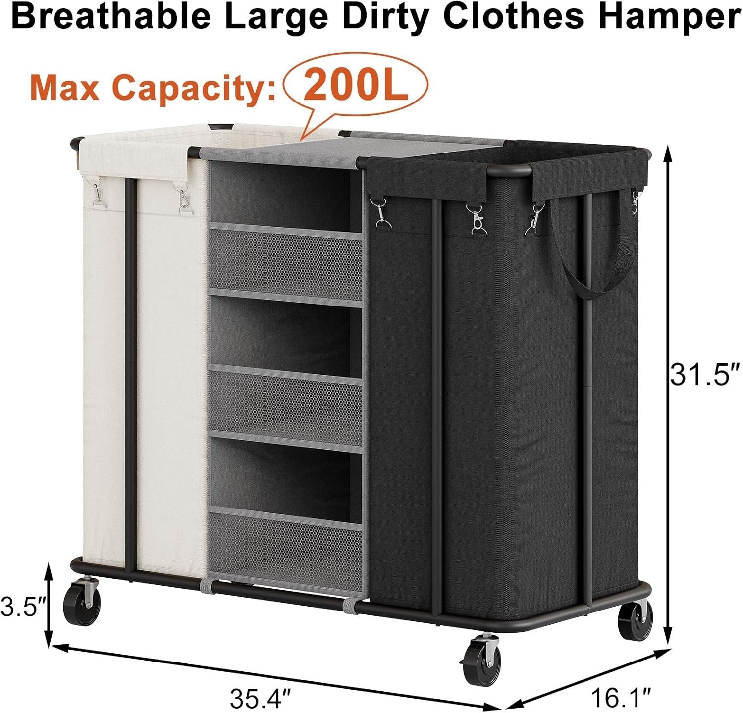 200L Rolling Laundry Sorter 2 Section with Wheels Hanging Bags & Shelves Beige