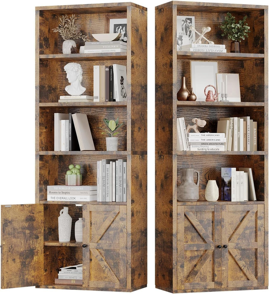Tall Rustic Brown 6-Tier Bookcase with Cabinet Doors Modern Storage Unit 181cm