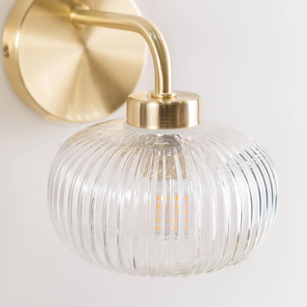 Gold Wall Light Pair with Clear Ribbed Glass Shade | LED Included, IP44