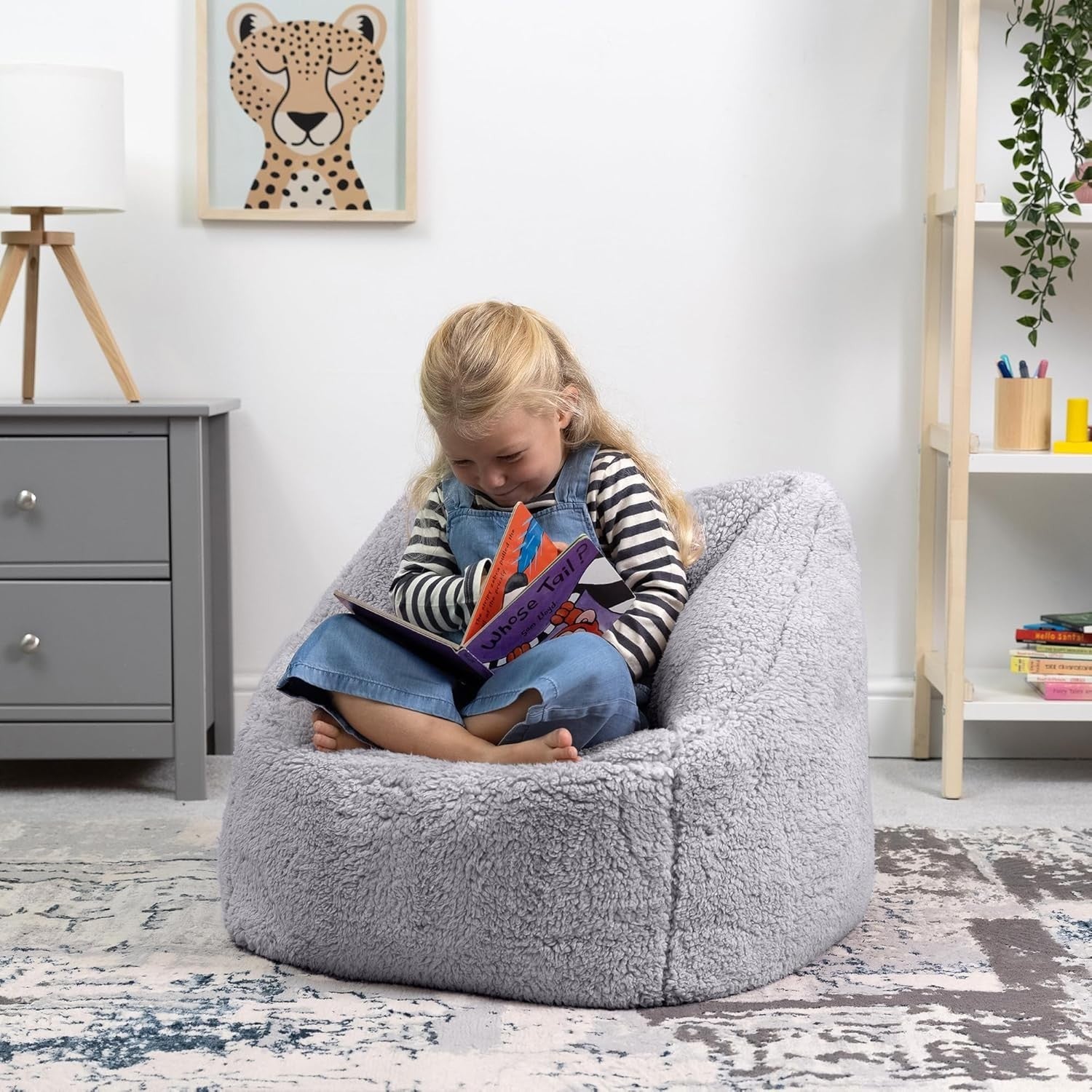 2x Grey Kids Fleece Bean Bag Chairs Set for Bedroom, Nursery, Playroom