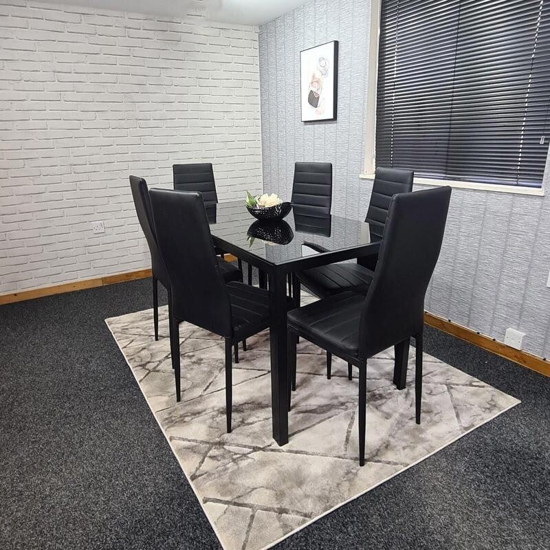 Black Glass Dining Table Set with 6 Leather Chairs Modern 6 Seater 134cm