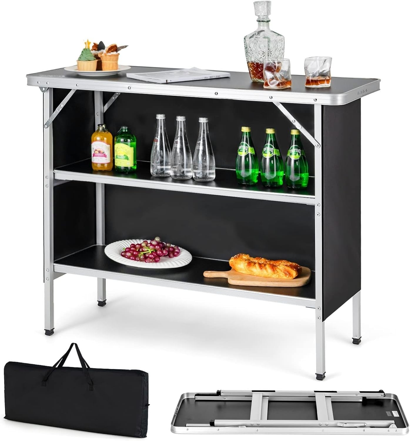 Folding Camping Table 110cm Portable Picnic Table 2-Tier Storage BBQ Outdoor
