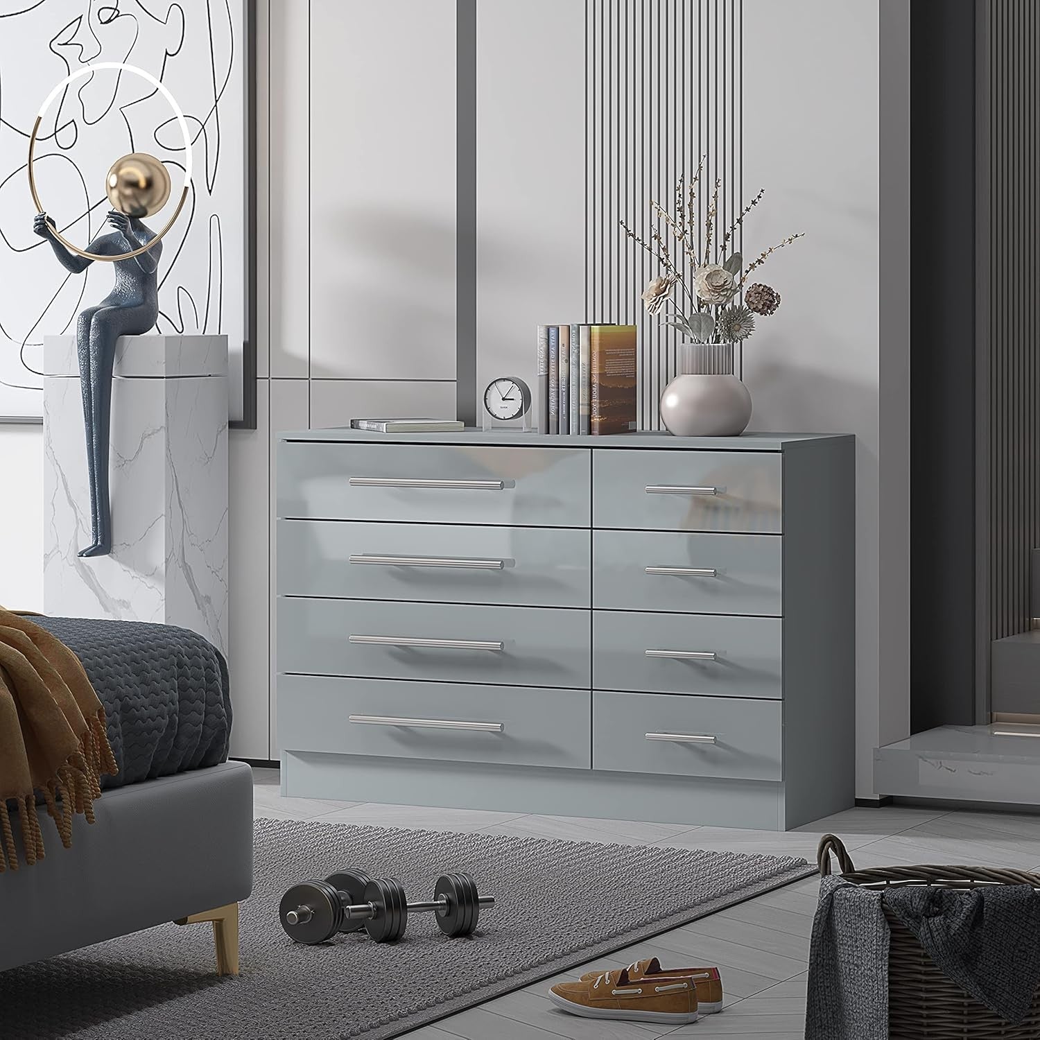8 Drawer Grey High Gloss Chest of Drawers Modern Bedroom Storage Cabinet