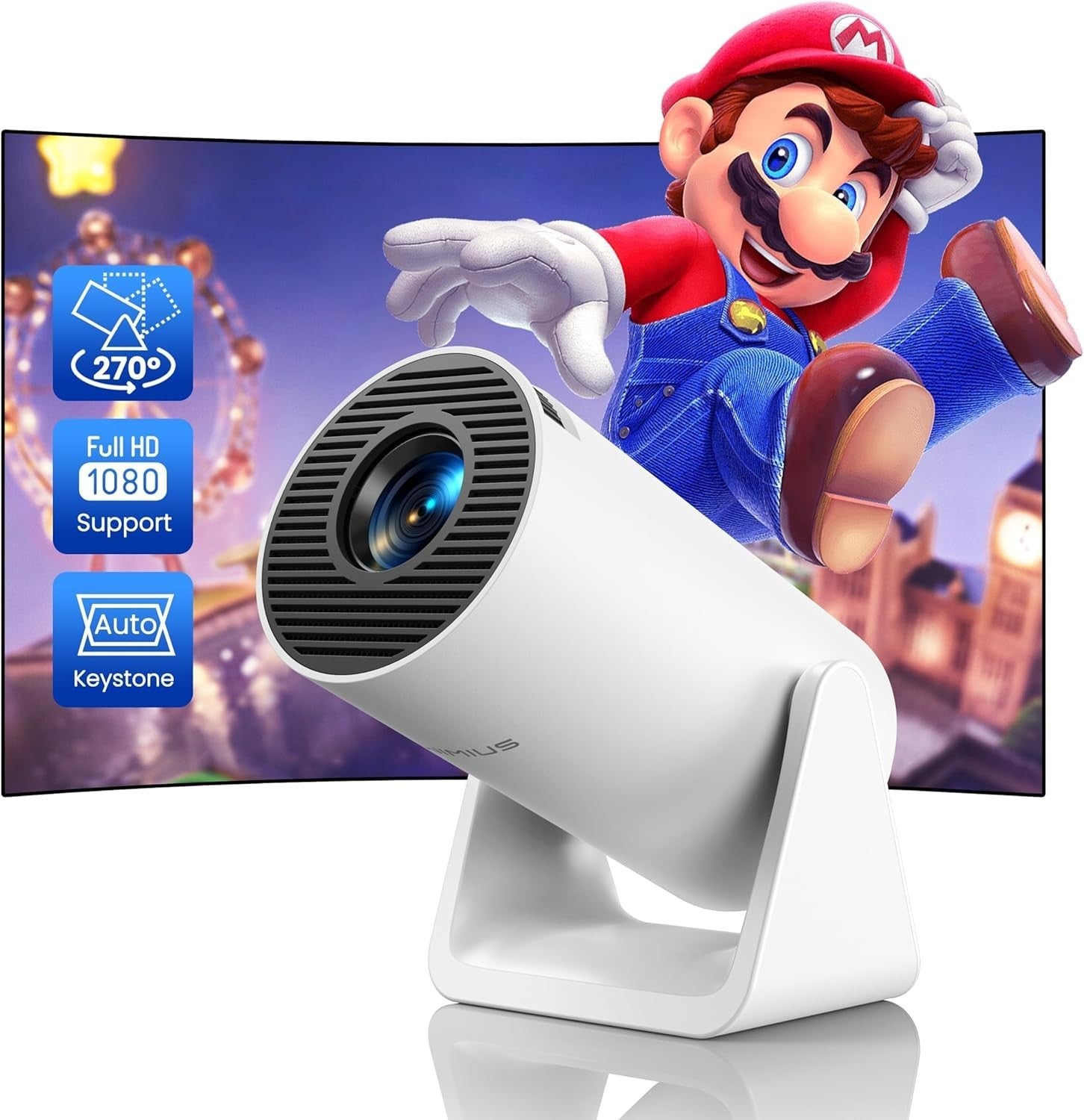 Short Throw Mini Projector 1080P WiFi Bluetooth 270° Auto Keystone 20000L