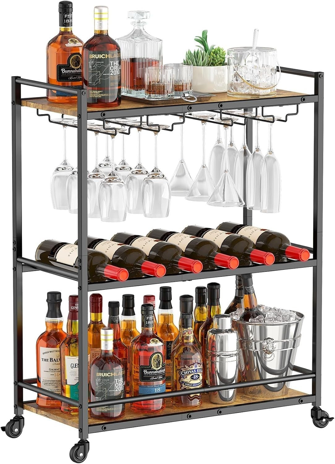 3 Tier Bar Cart with Wine Rack & Glass Holder, Lockable Wheels, Rustic Wood