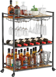 3 Tier Bar Cart with Wine Rack & Glass Holder, Lockable Wheels, Rustic Wood