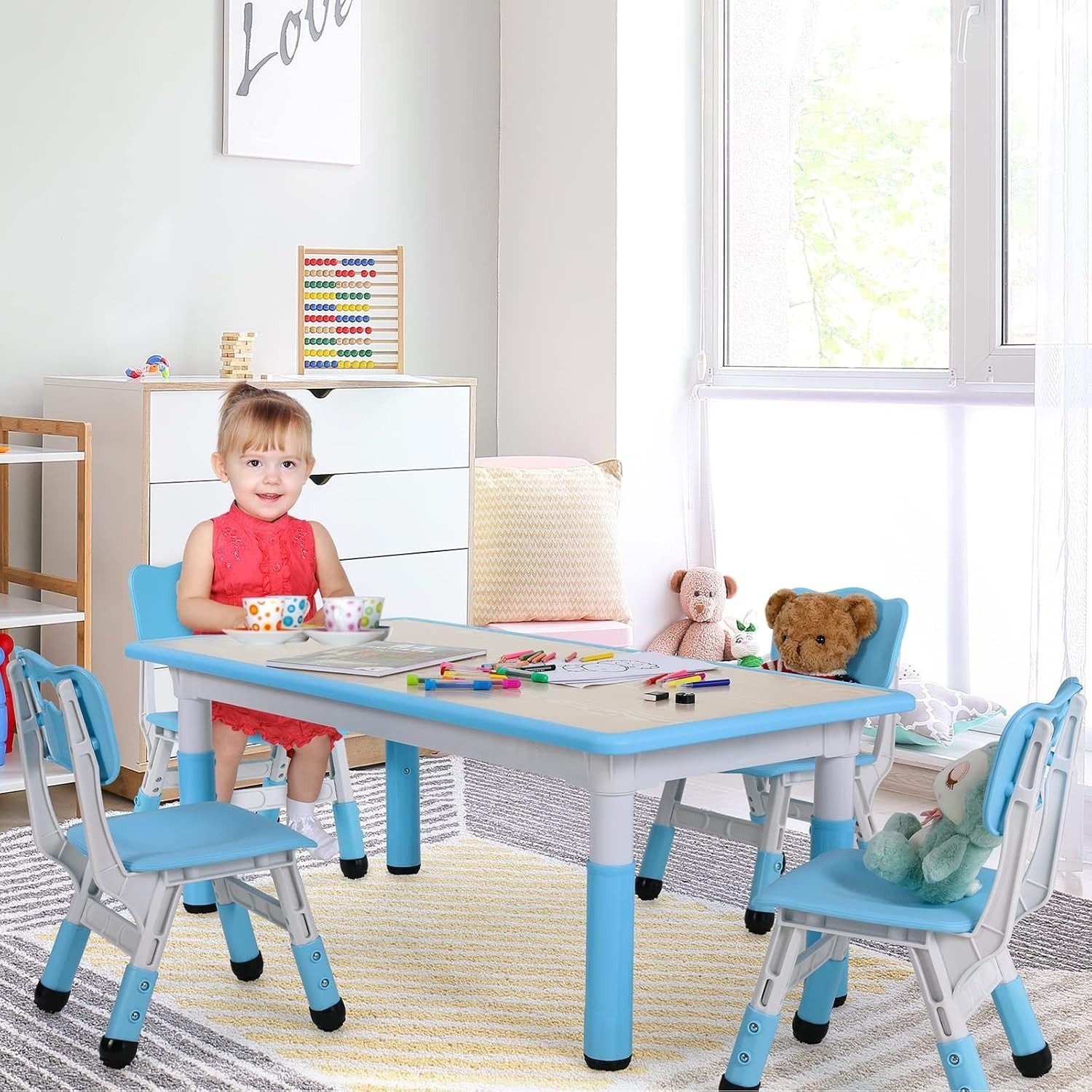 Height Adjustable Kids Table & 4 Chairs Set, Safe Plastic, 120x60cm Blue