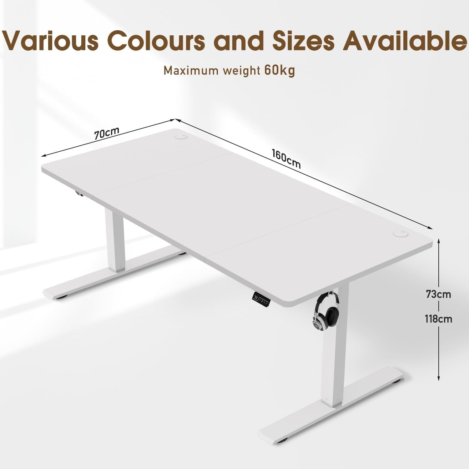White Electric Standing Desk 160x70cm Adjustable Home Office Table