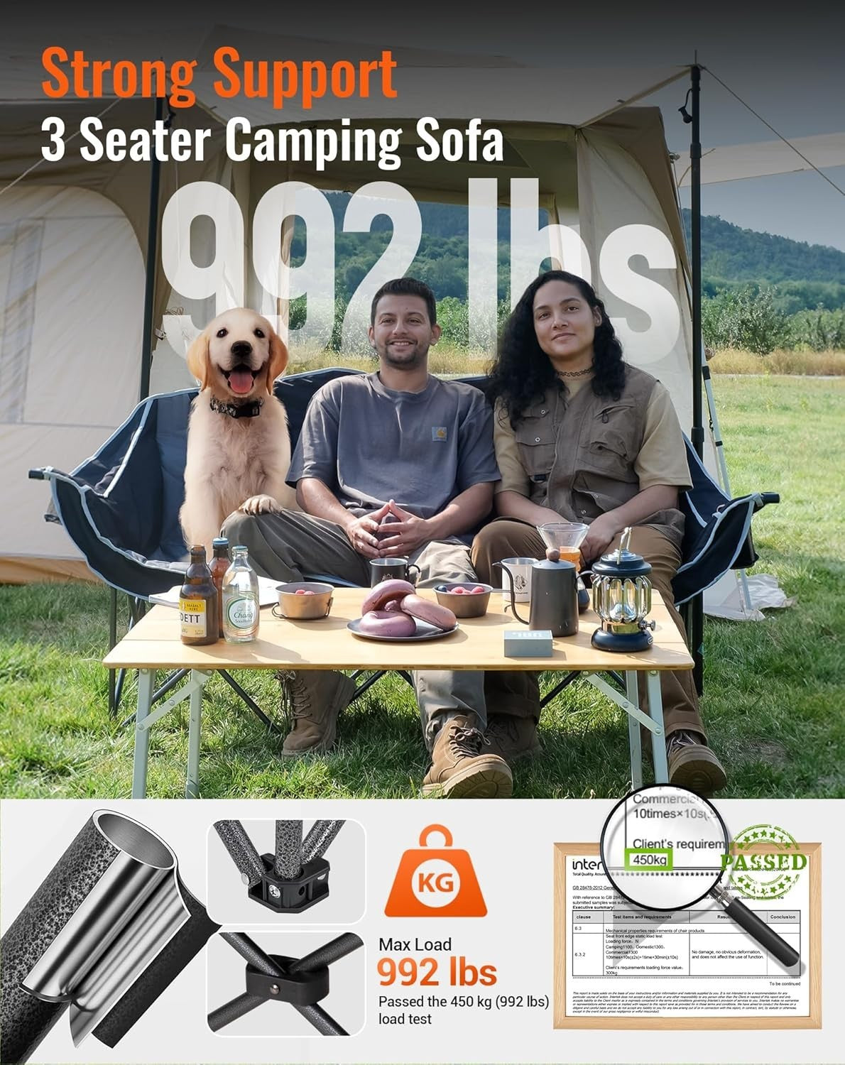3 Seater Folding Camping Sofa Chair Heavy Duty Padded w/ Cup Holder