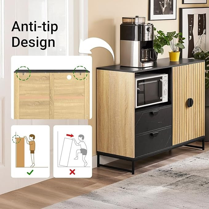 Modern Oak Black Sideboard Cabinet with Wine Rack & Storage 107x40x85cm