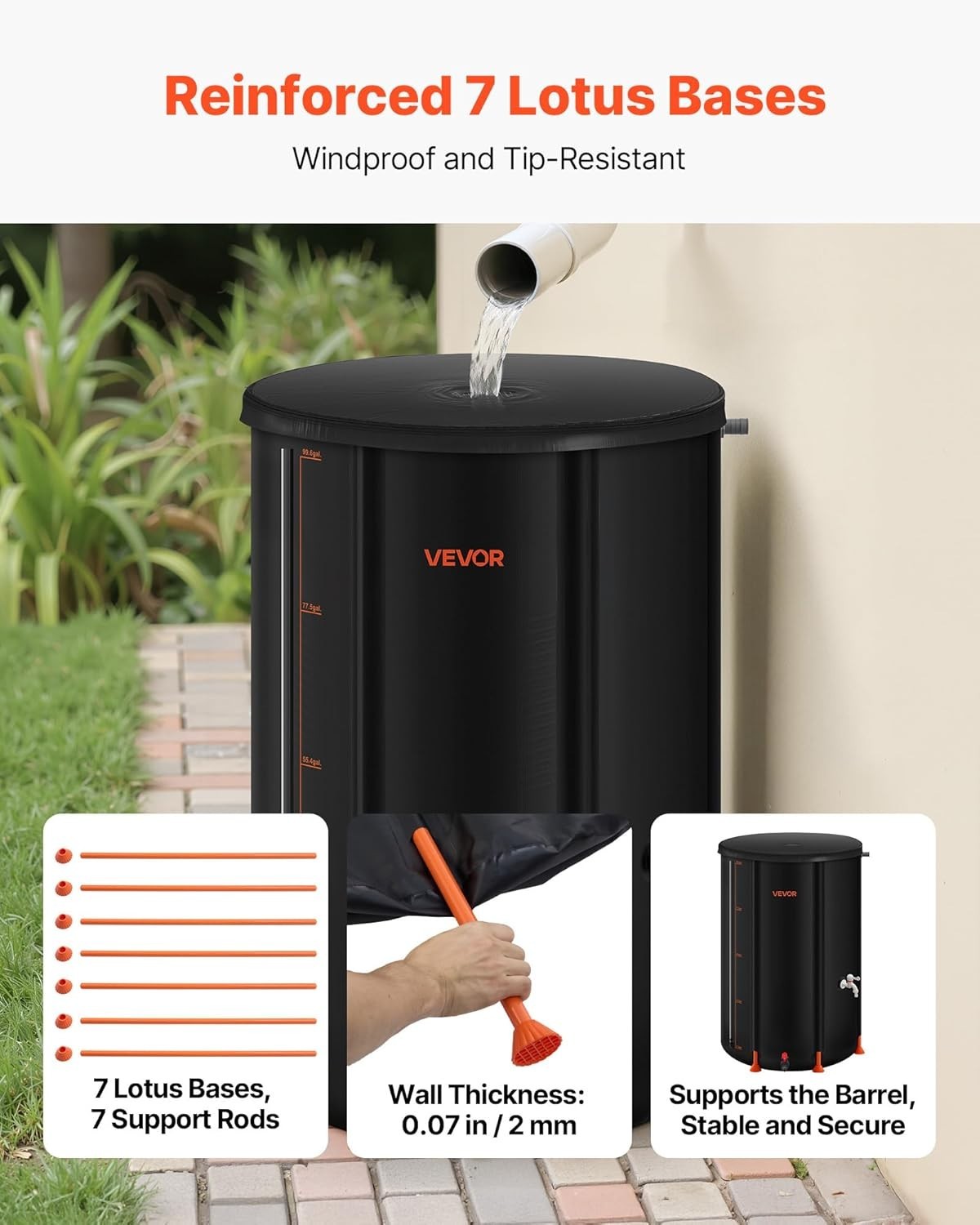 380L Collapsible Rain Barrel With Spigot Overflow Kit Black Garden Water Catcher