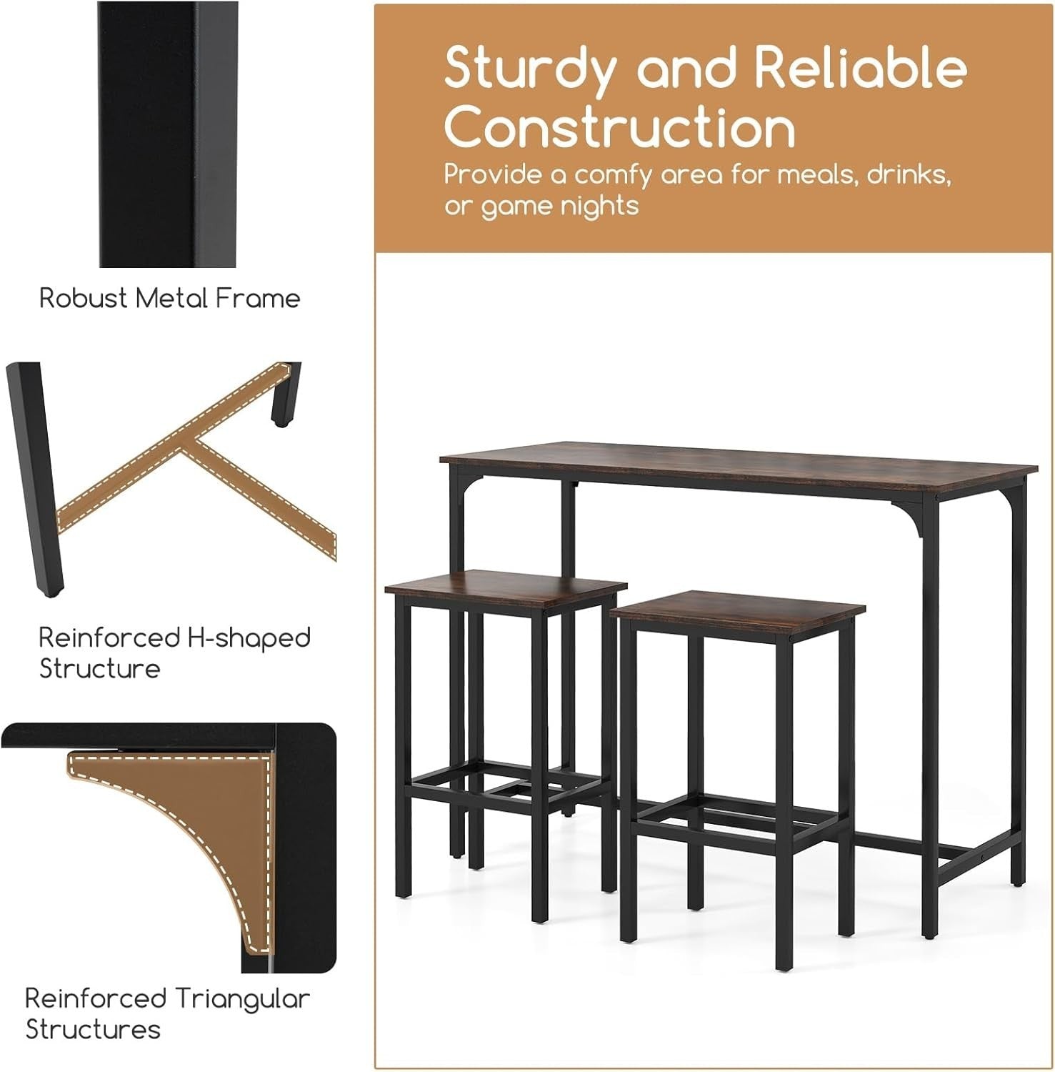3PCS Coffee+Black Bar Table Set with 2 Stools, Metal Frame Dining Set Furniture