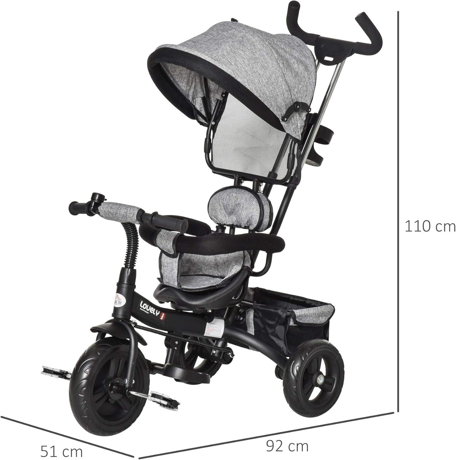 4 in 1 Kids Tricycle Toddler Trike Push Along Canopy Grey 18M-5Y