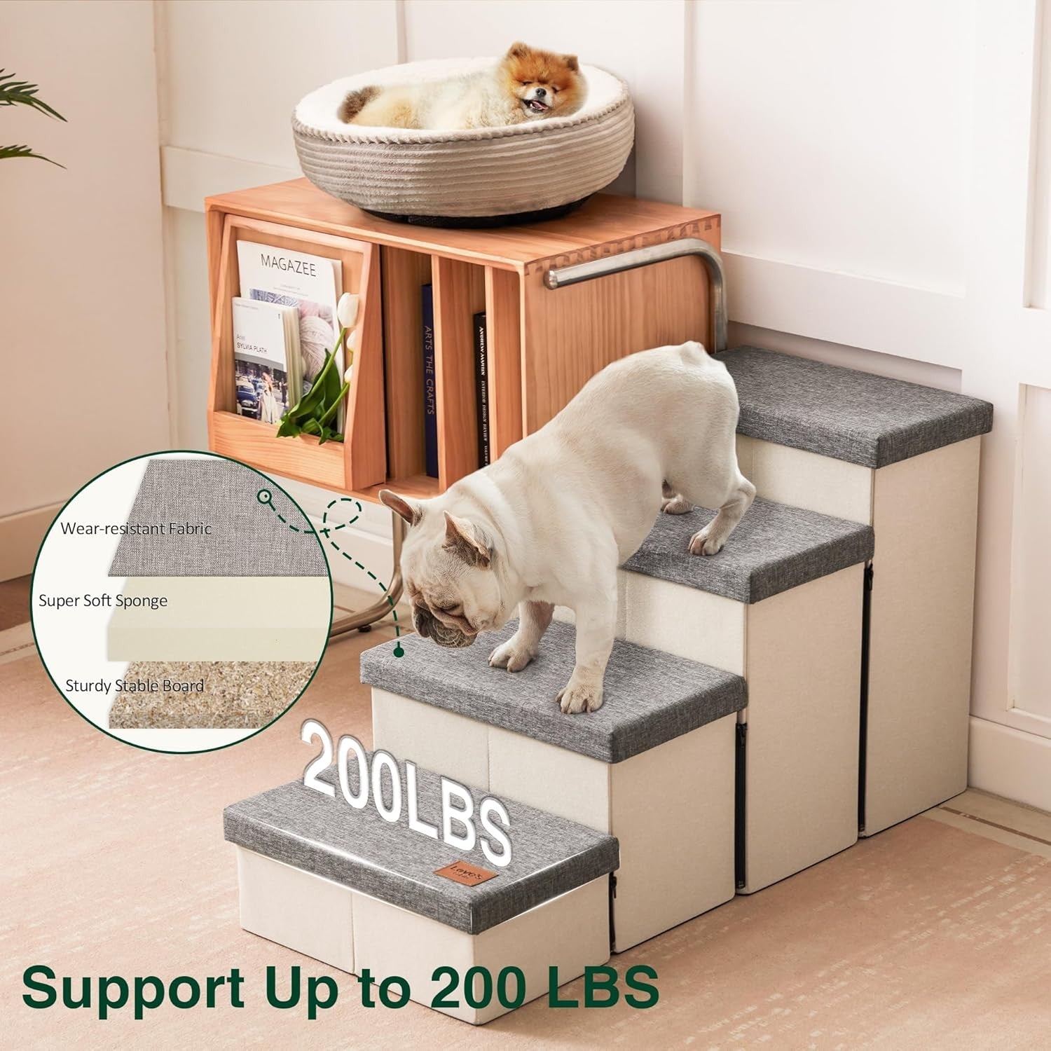 Dog Stairs 4 Step with Storage Foldable Pet Steps Light Grey 200lb
