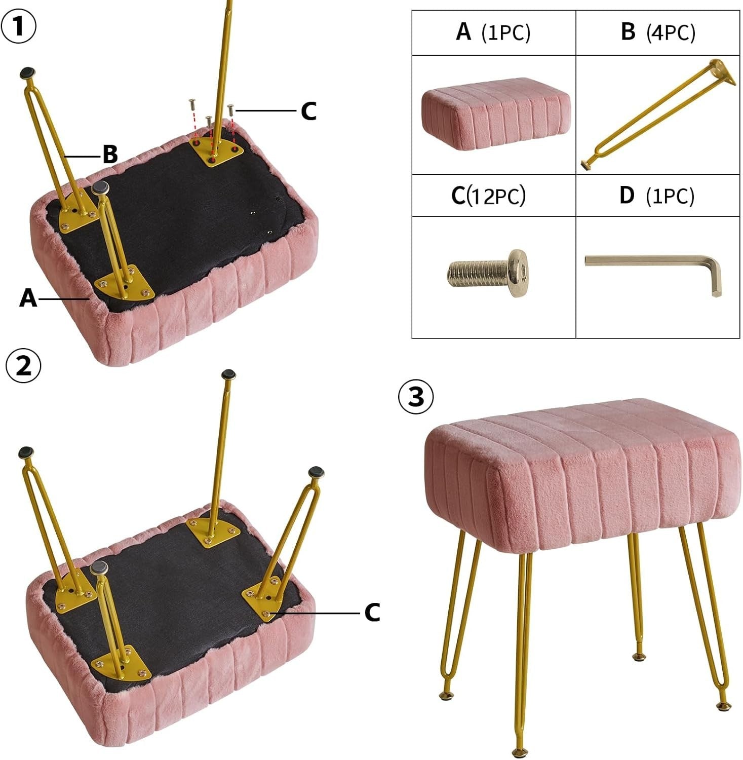 Pink Velvet Footrest Ottoman – Modern Vanity Stool with Gold Metal Legs