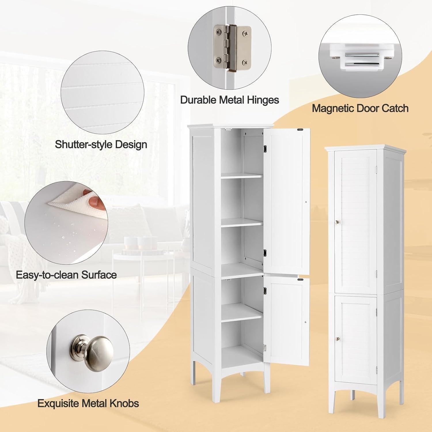 White Tall Bathroom Cabinet with 5 Shelves & Doors Freestanding Storage
