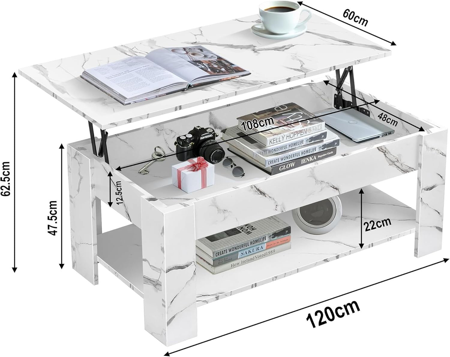 High Gloss Lift Top Coffee Table with Storage White Marble 120x60 Modern