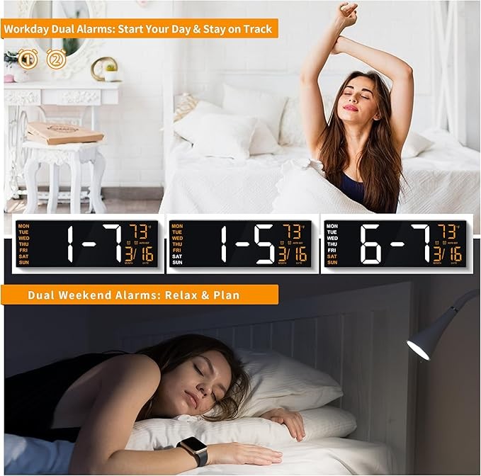 16" RGB Digital Wall Clock Large Display Auto-Dim Dual Alarms Temp Date Remote