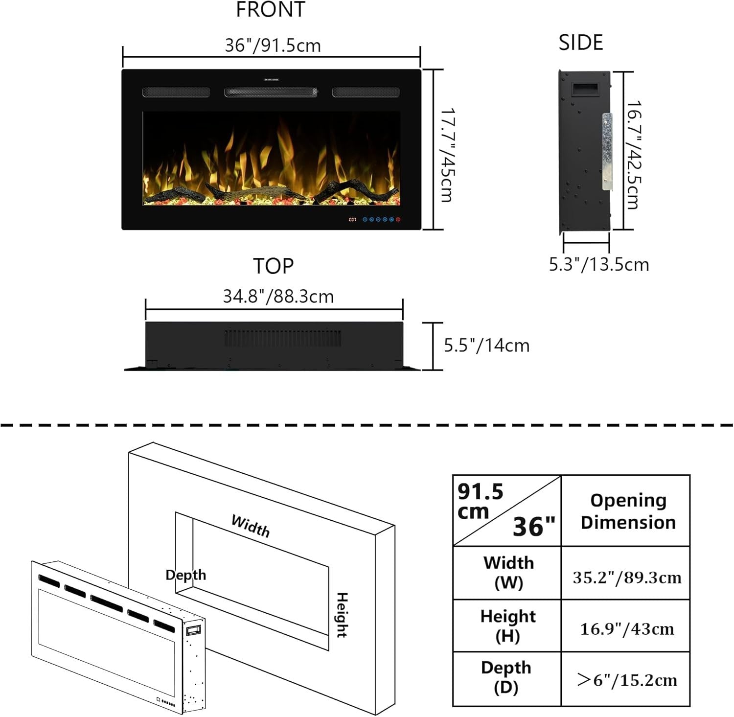 91cm WiFi Electric Fireplace Insert, Recessed Wall Mount, 13 Flame Colors