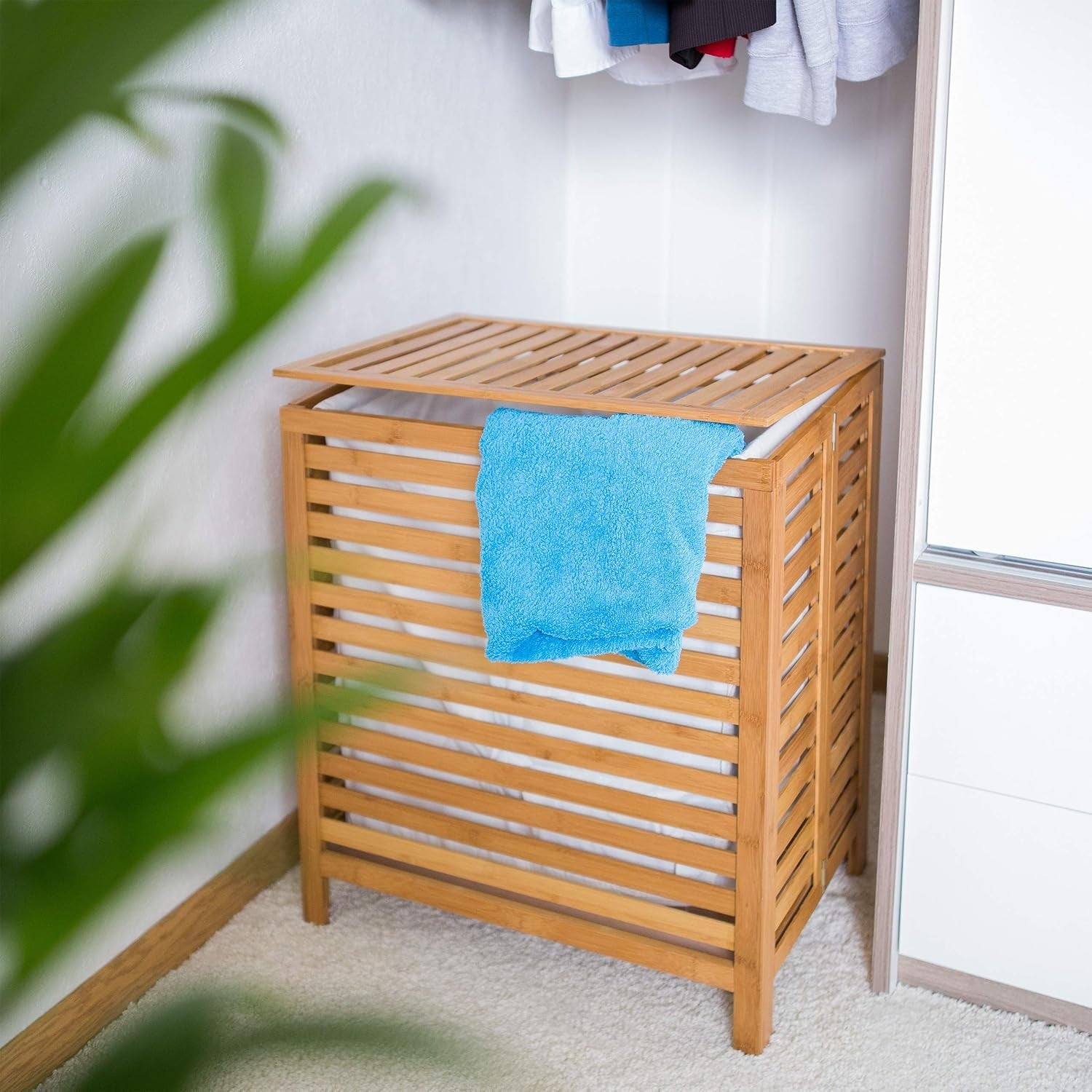 100L Natural Bamboo Laundry Hamper with Lid & Liner – Large Wooden Laundry Baske