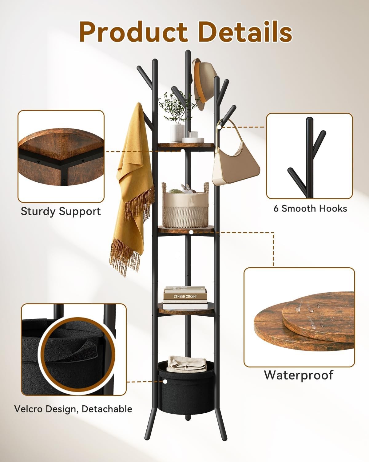 Rustic Brown Freestanding Coat Rack with Shelves | 169cm Hall Tree Stand