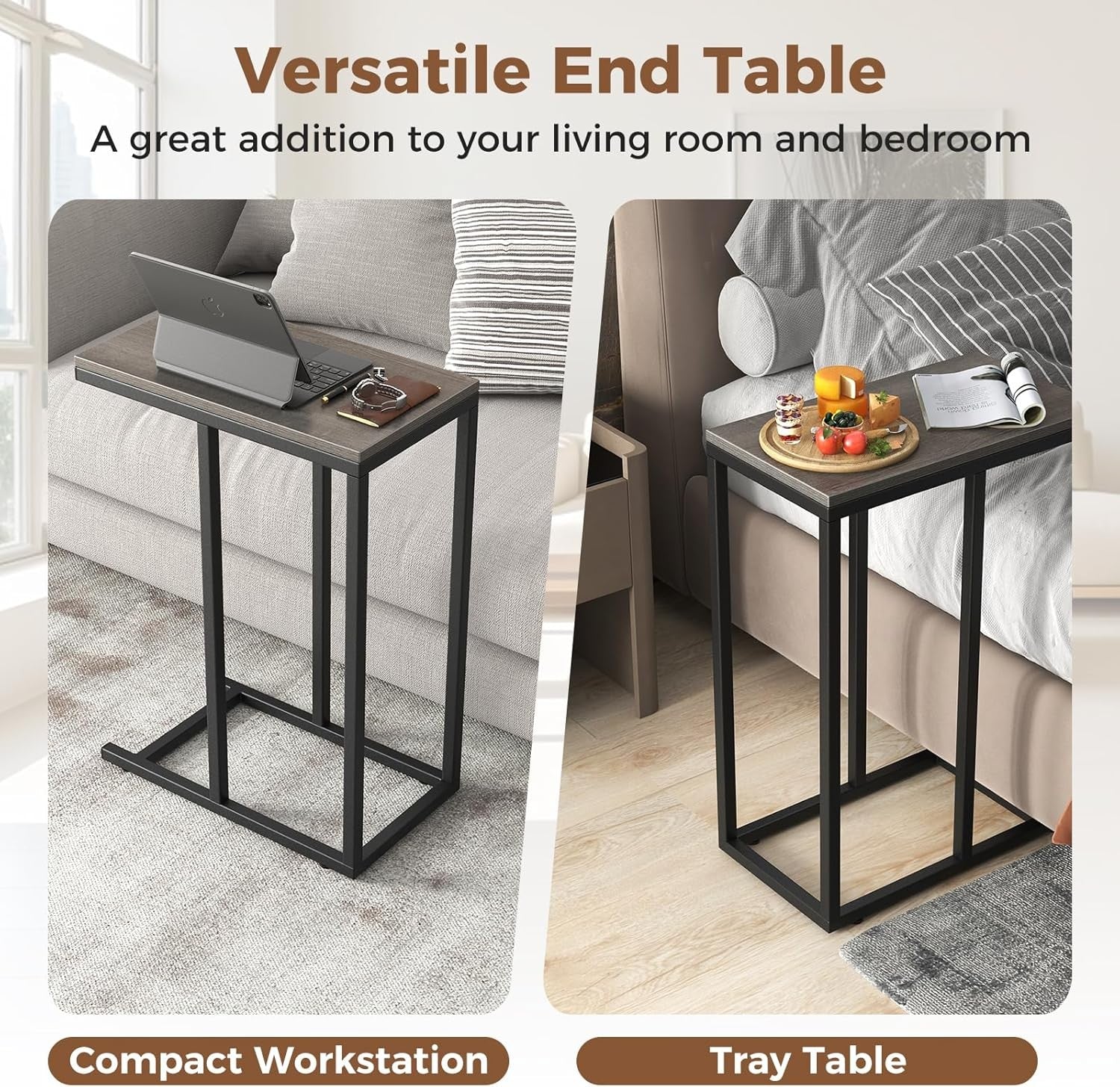 C-Shaped Side Table Grey Oak | Industrial Sofa Laptop Snack Table for Small Spac