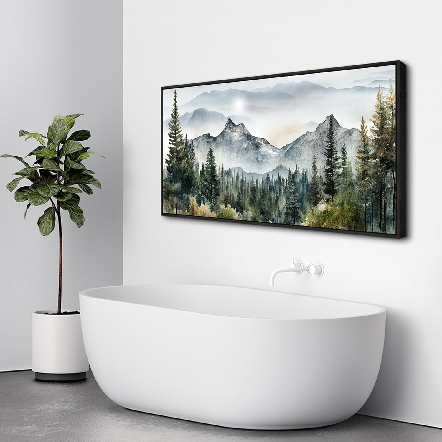 Large Black Framed Mountain Canvas Wall Art – Foggy Forest Landscape Decor