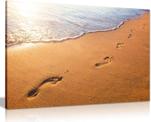 Relaxing Beach Footprints Canvas Wall Art Sunset Ocean Scene Living Room 18x12