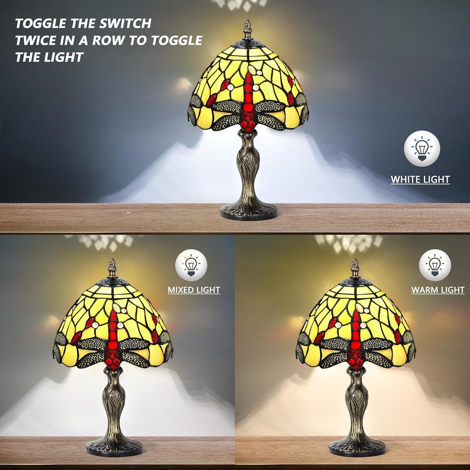 Antique Stained Glass Table Lamp Dragonfly Design Warm LED Light
