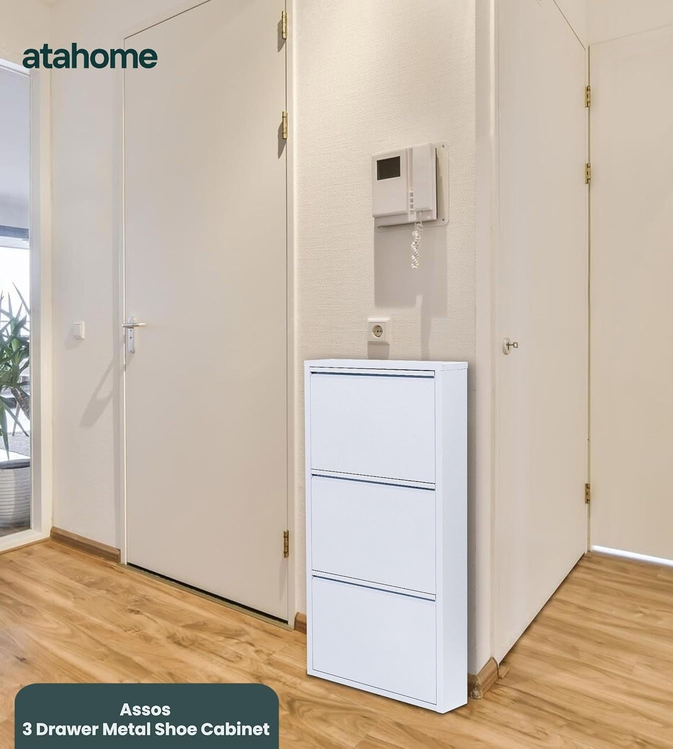 Slim Wall Mounted Shoe Cabinet 3 Drawer Metal Organizer White 104cm