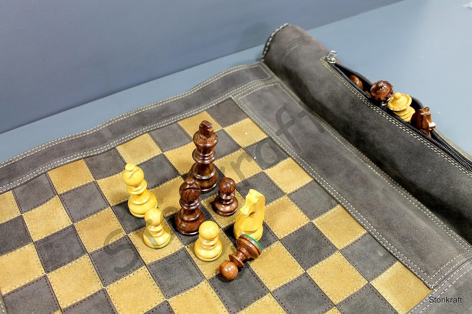 Roll-Up Leather Chess Set 19" x 15" | 12" Board | Wooden Staunton Pieces + Carry