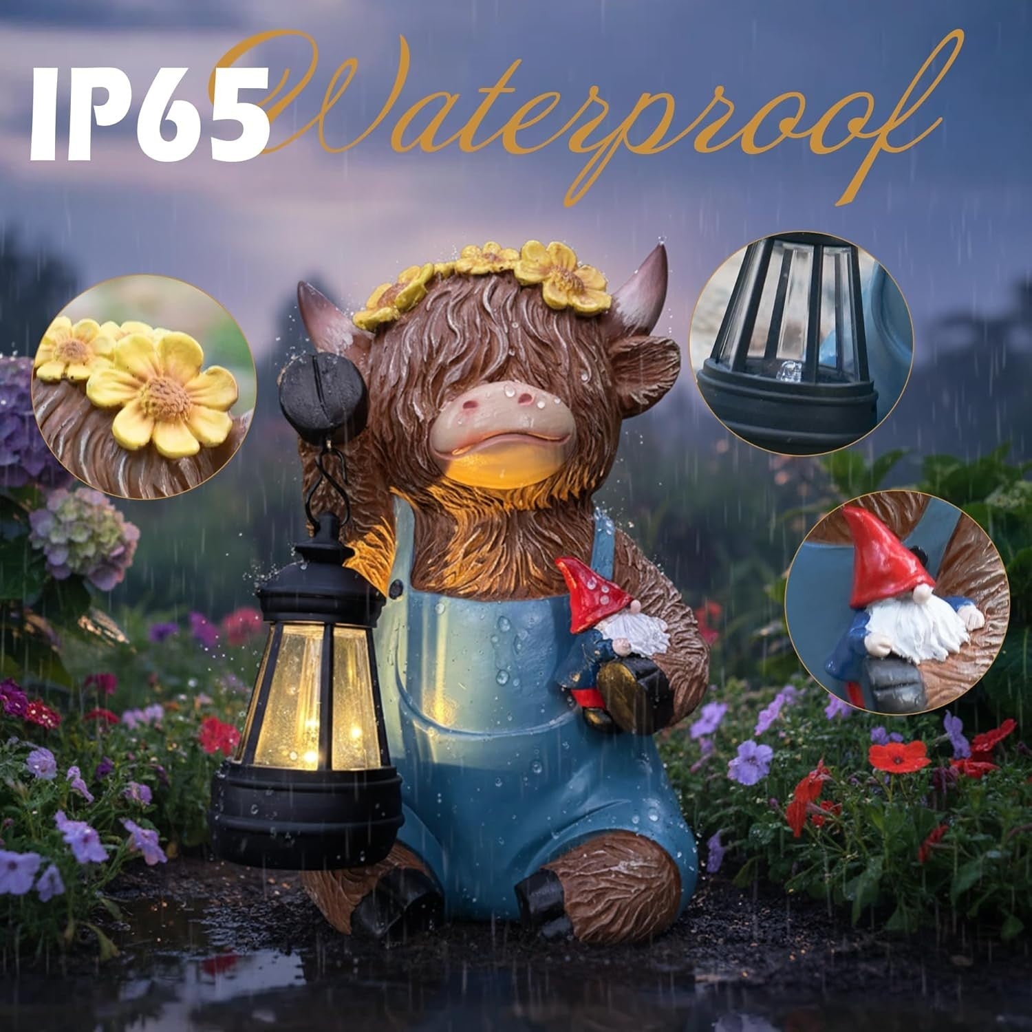 Solar Highland Cow Garden Ornament Statue with Lantern & Gnome Outdoor Yard