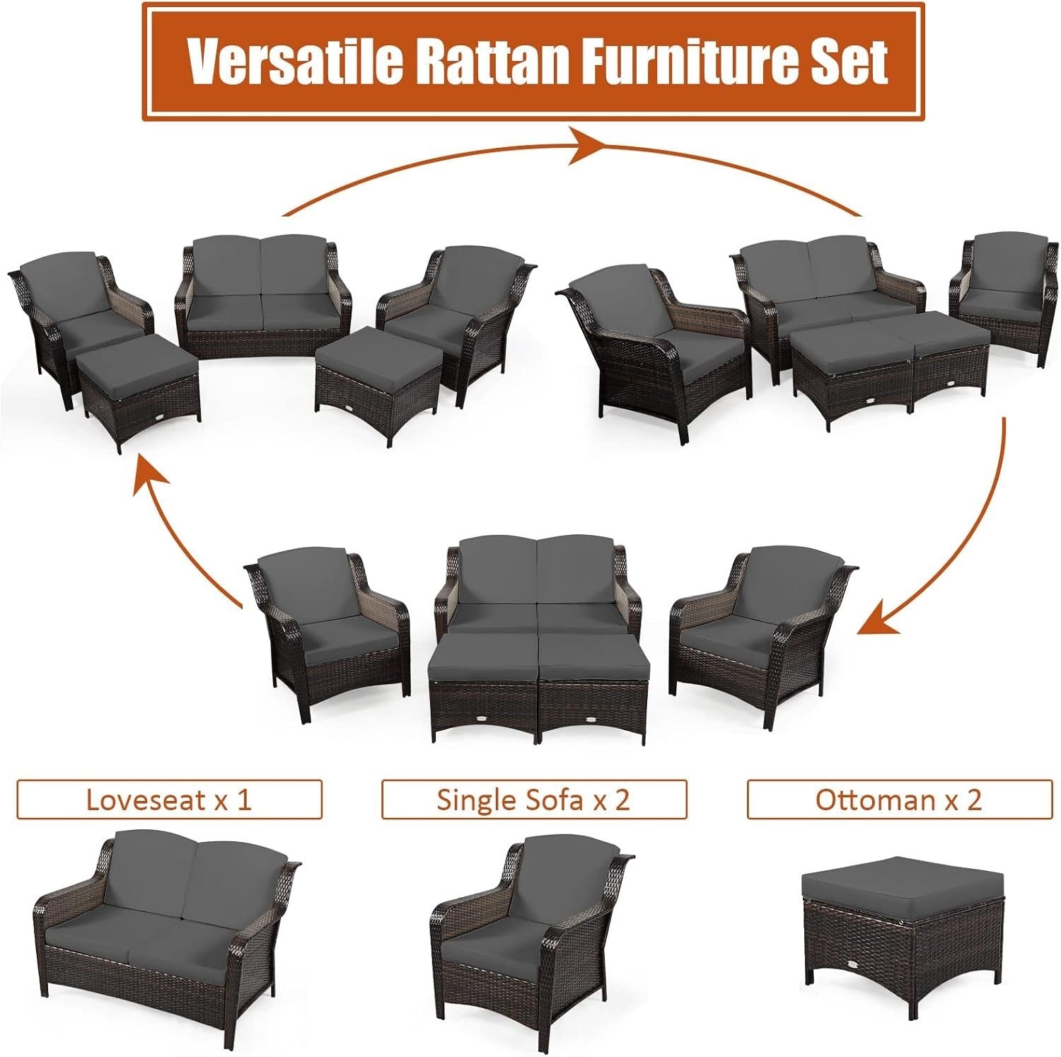 5-Piece Outdoor Rattan Patio Set with Loveseat, Sofas & Ottomans Grey