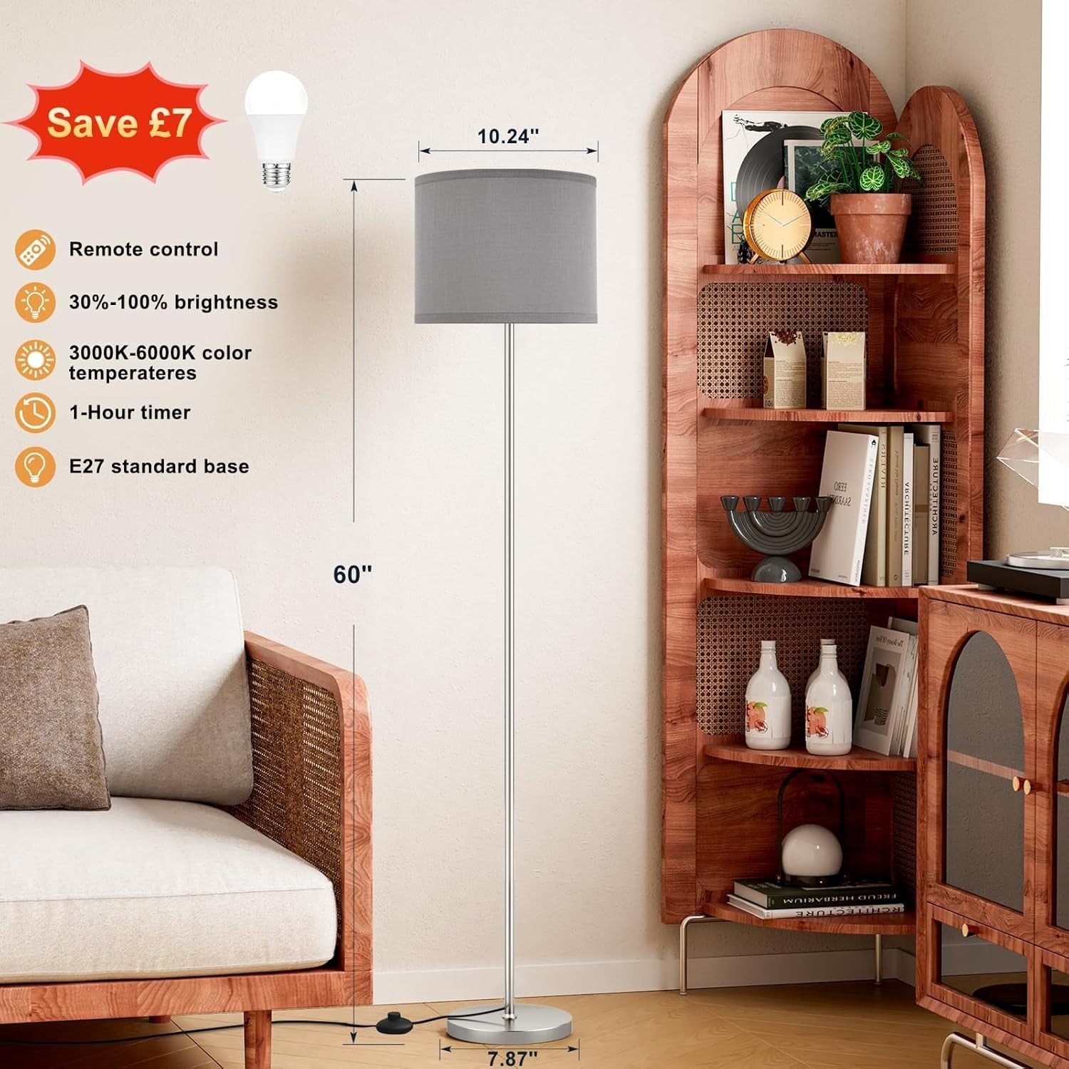 Modern Grey Floor Lamp Dimmable with Remote Silver Pole 153cm 9W LED