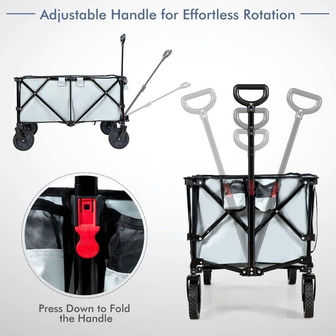 Grey Foldable Wagon Cart Collapsible Garden Trailer w/ Adjustable Handle