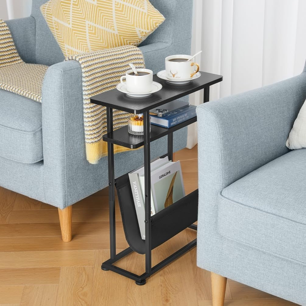 Slim Industrial Side Table with Magazine Holder & Adjustable Feet for Small
