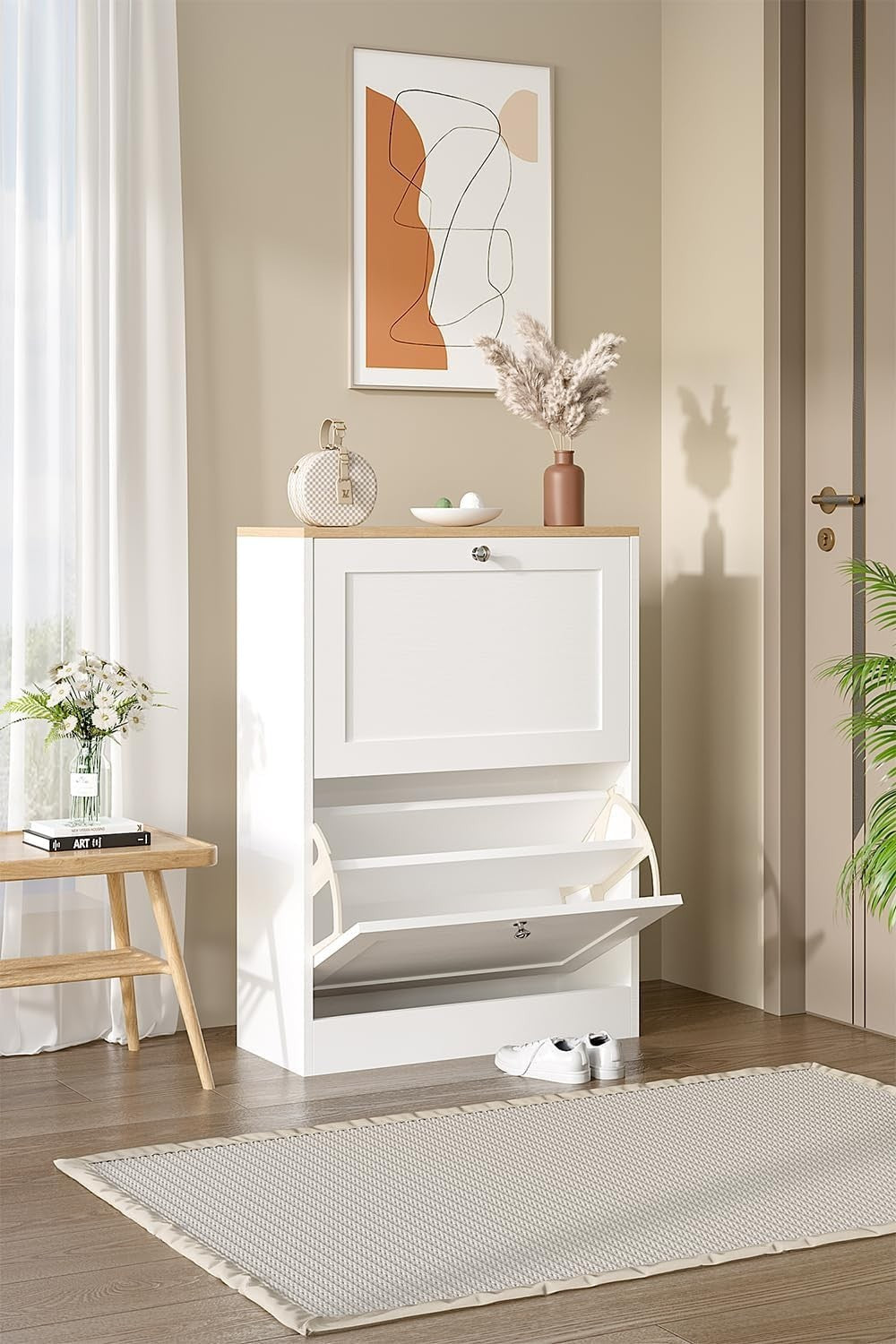 2 Drawer Flip Door Shoe Cabinet with Adjustable Shelves 58x24x80 cm White