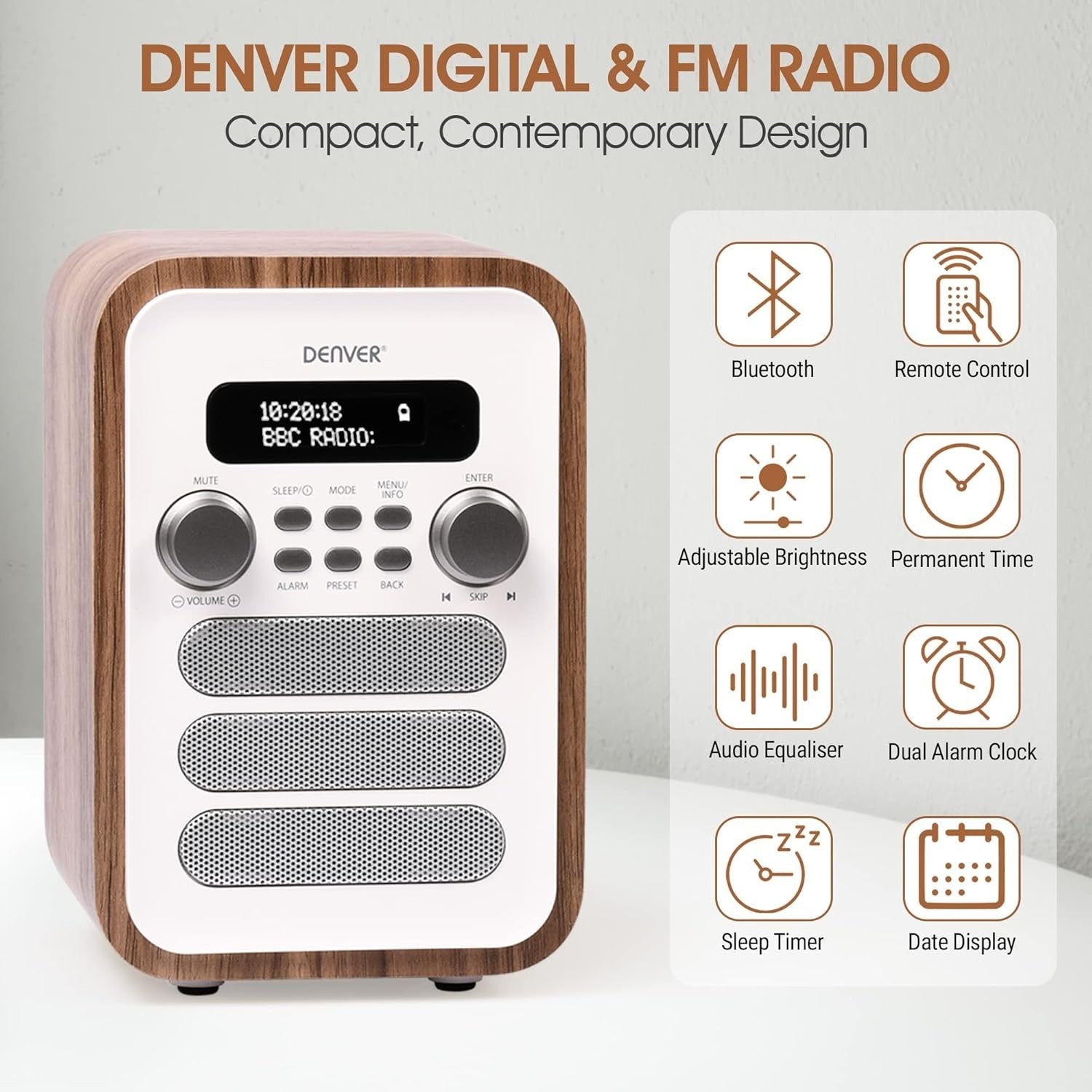 DAB Bluetooth Digital Radio Alarm Clock with Remote, White, 40 Presets