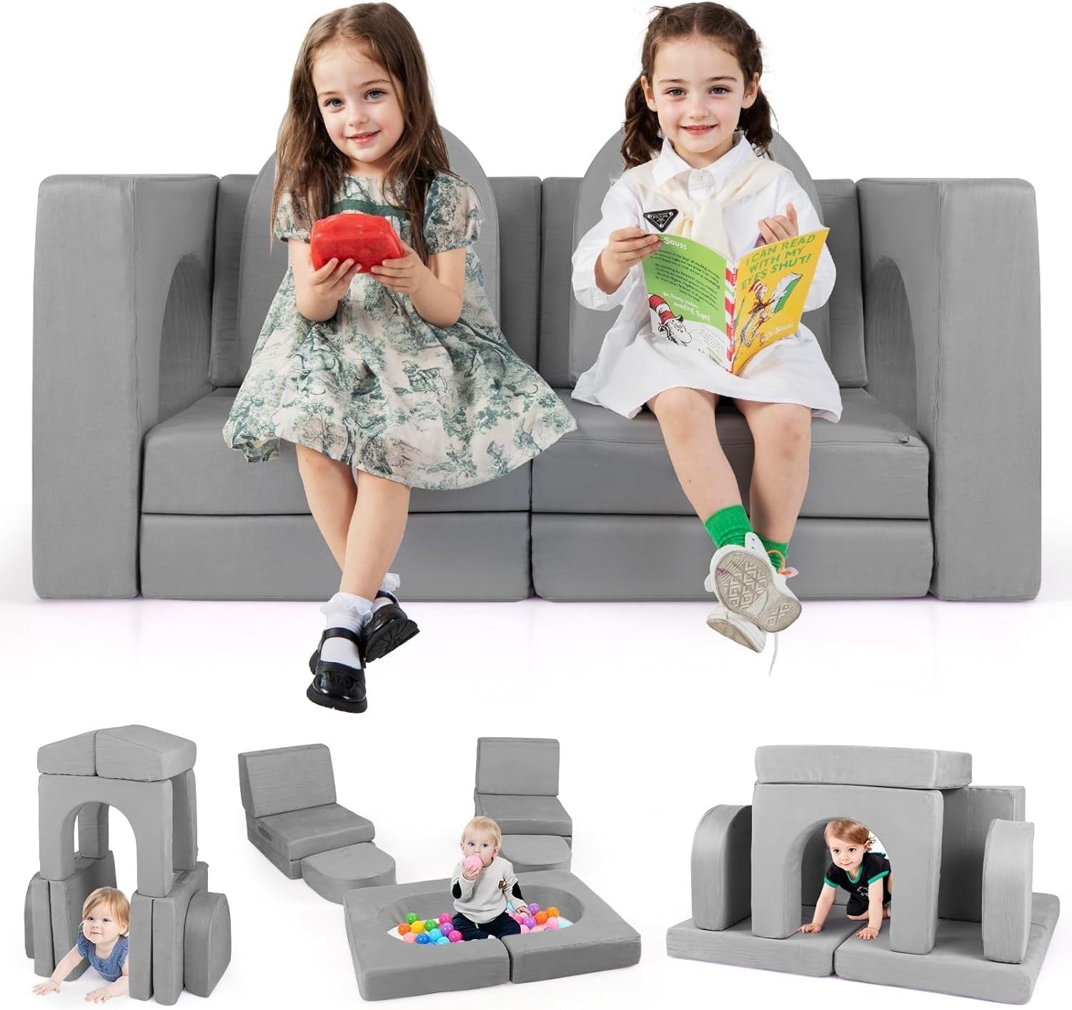 Kids Modular Play Sofa 8pc Couch Bed Set Grey Foam Furniture Washable