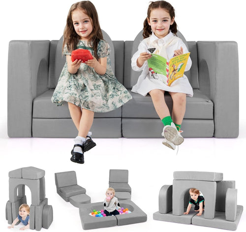 Kids Modular Play Sofa 8pc Couch Bed Set Grey Foam Furniture Washable