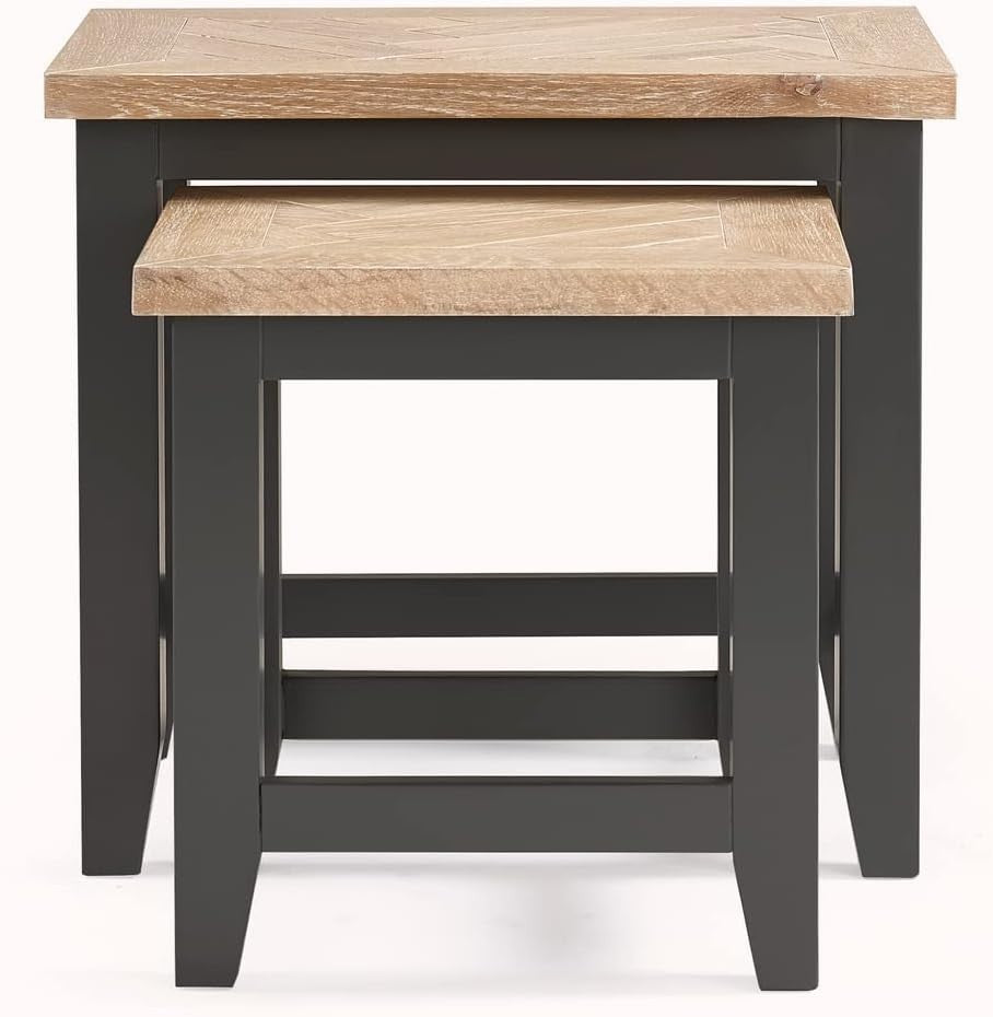 Dark Grey Oak Side Table Parquet Top Lamp End Table Solid Wood Lacquered