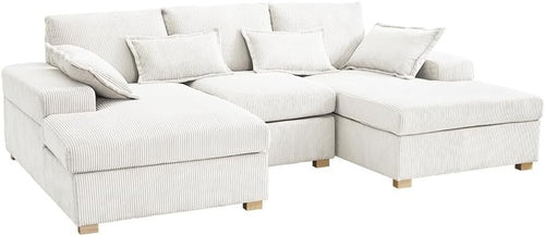 U-Shape Fabric Sofa Jumbo Cord 4-Seater Cream | Deep Seat + Optional Footstool