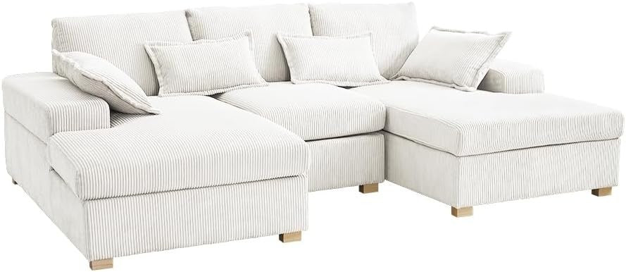 U-Shape Fabric Sofa Jumbo Cord 4-Seater Cream | Deep Seat + Optional Footstool