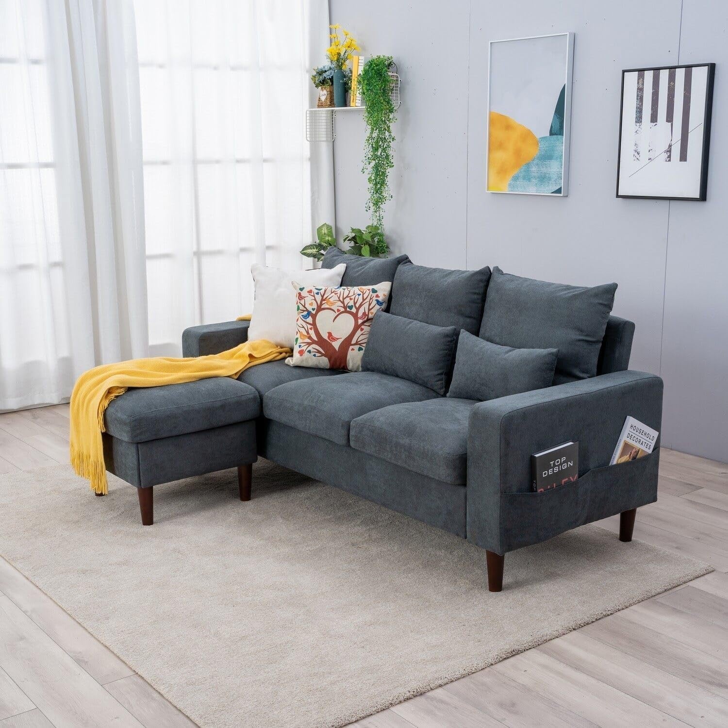 3 Seater Sofa Bed Grey with Footstool Linen Fabric L-Shape for Lounge Home
