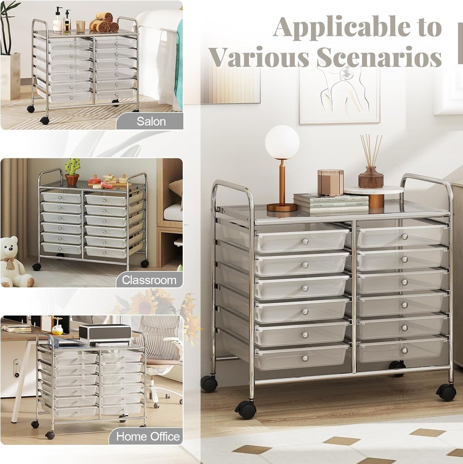 12 Drawer Rolling Storage Cart Clear Utility Trolley Lockable Wheels