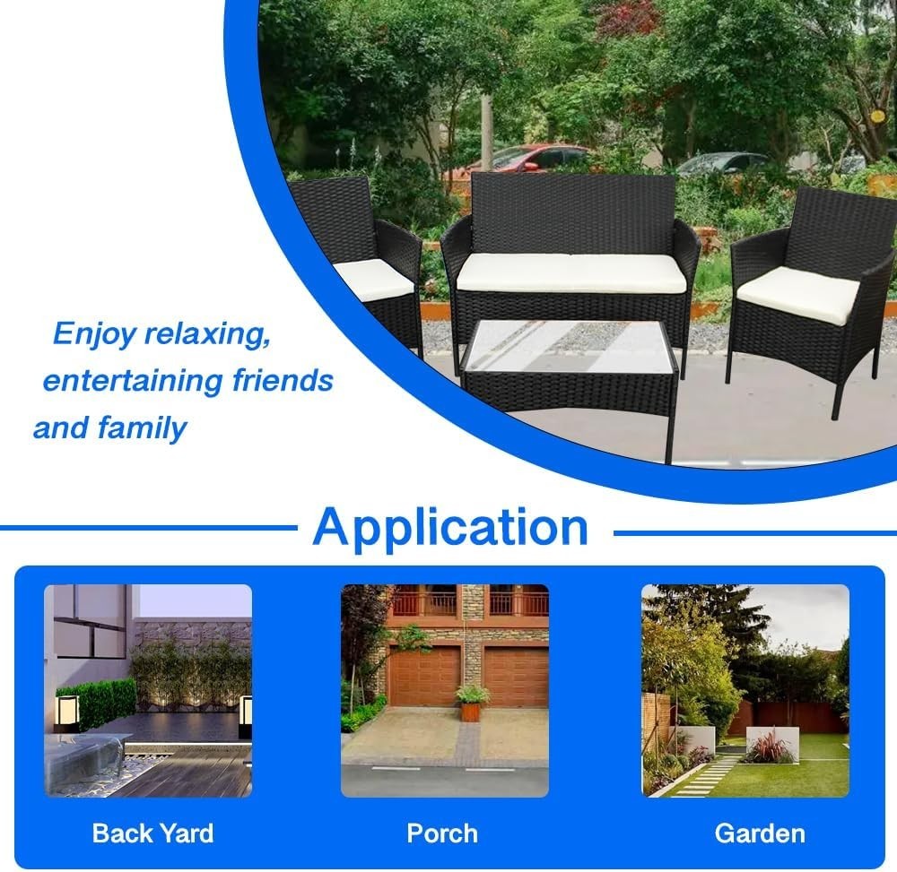Outdoor Rattan Garden Sofa Set 4-Seater with Cushions & Glass Coffee Table
