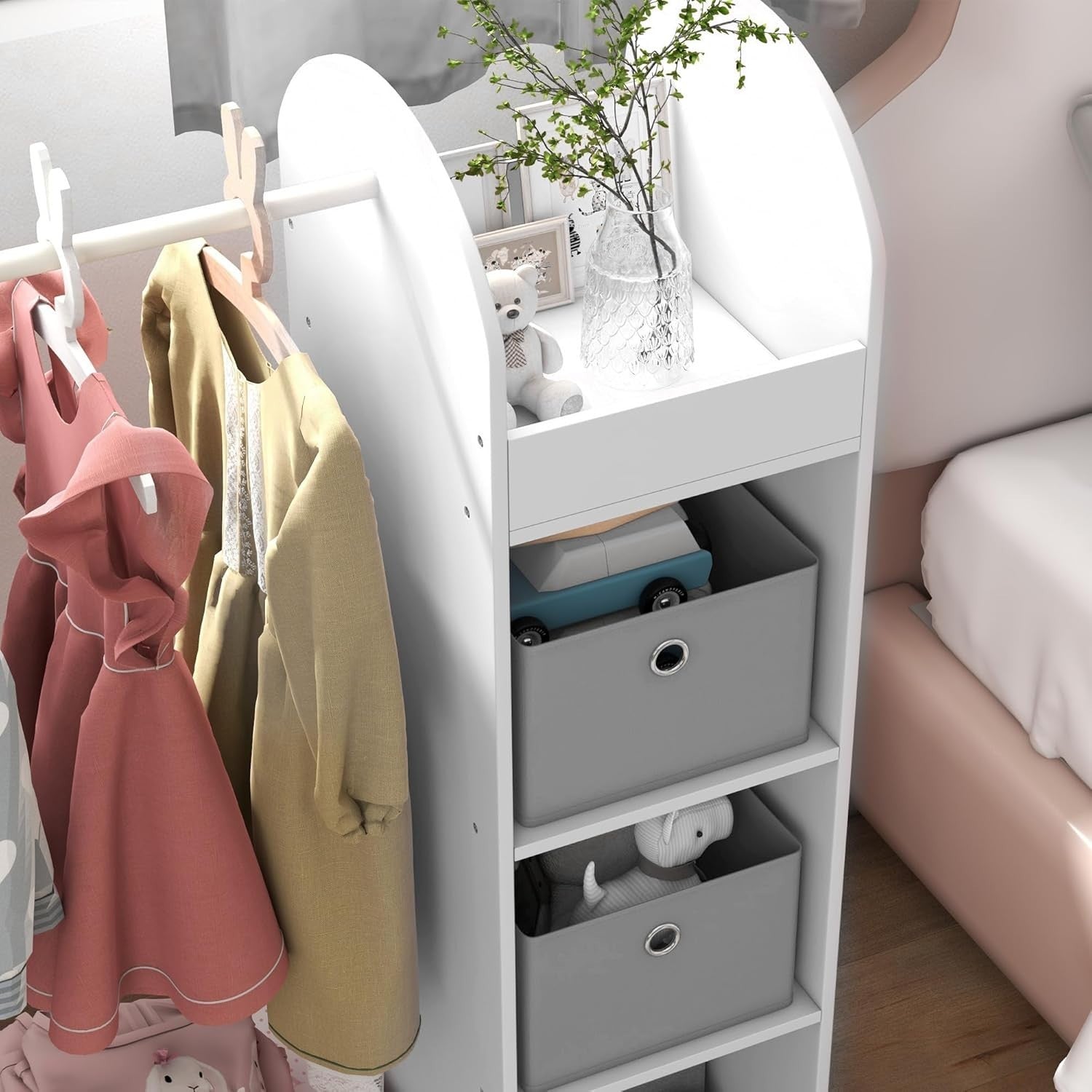 Kids Clothes Rail with Storage Boxes & Mirror, White Wooden Wardrobe for Kids