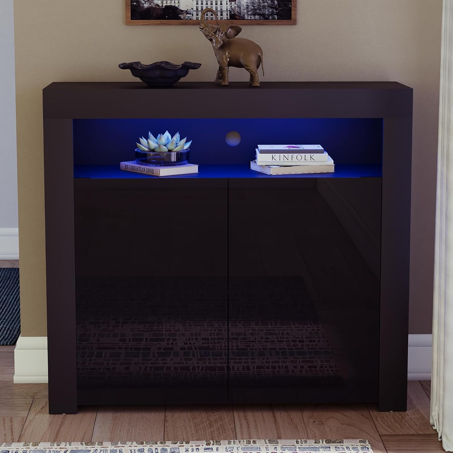 Modern Black LED Sideboard 2 Doors Magnetic Storage Cabinet RGB Lighting