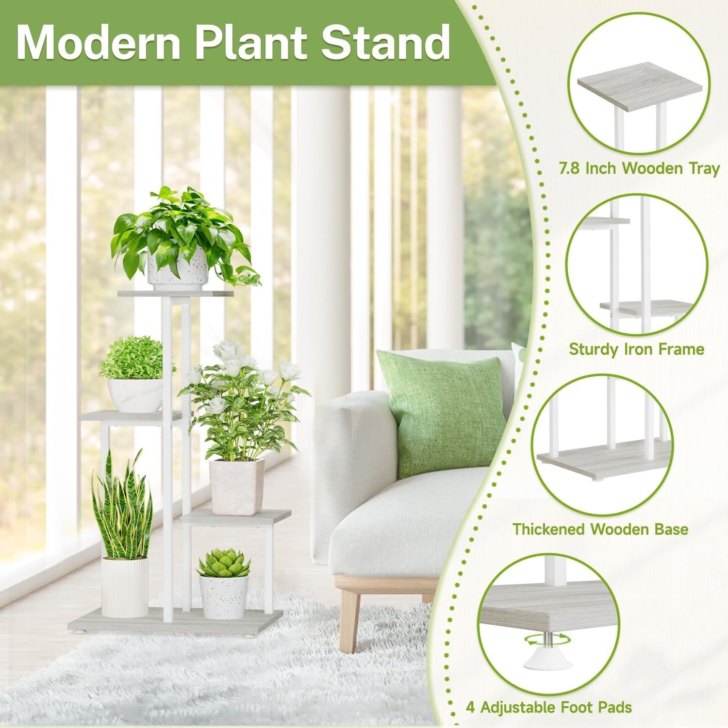 4 Tier White Metal & Wood Plant Stand | Modern Indoor Corner Shelf Display Rack